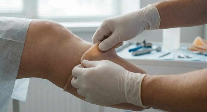 Teknisi menyesuaikan soft socket untuk pemakaian kaki palsu pada stump sensitif