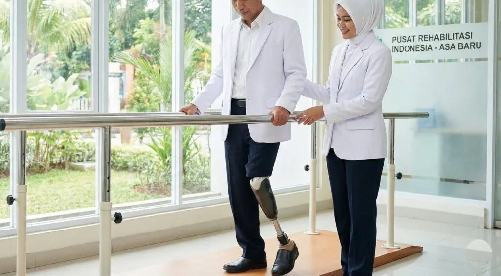 Pasien amputasi melakukan latihan jalan bertahap dengan kaki palsu