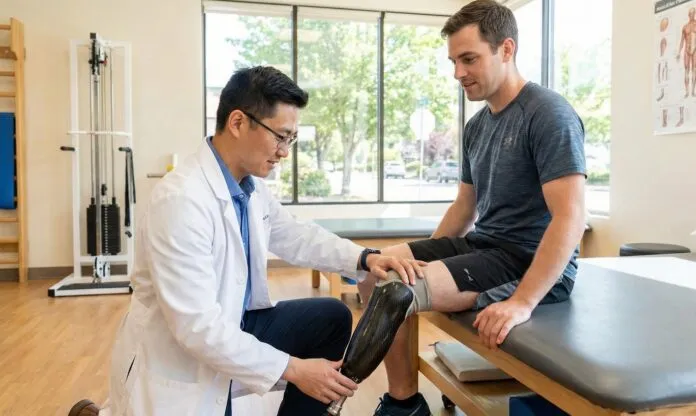 Teknisi memeriksa penyebab ngilu lutut pakai kaki palsu pada pasien amputasi