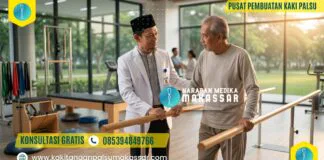 Proses Amputasi Kaki: Ketika Kaki Harus Berpisah dari Tubuh Terapis pria berpeci hitam membantu latihan jalan pasien pasca pemulihan operasi amputasi kaki